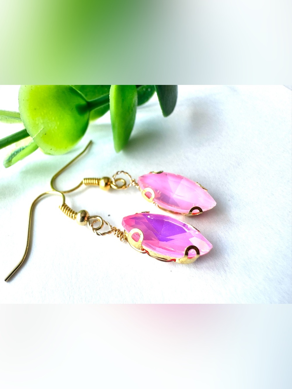 Pink Faceted Glass Drop Earrings - Gold Tone